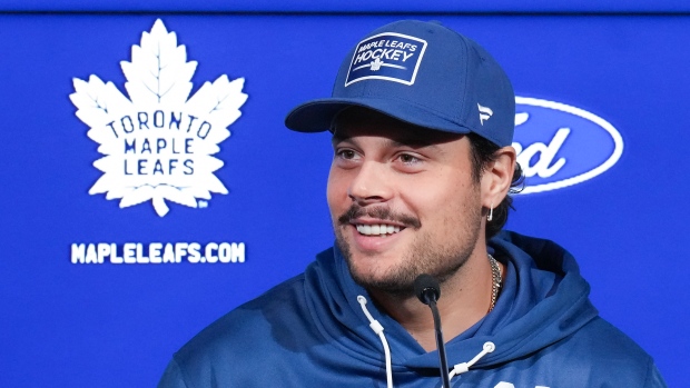 Toronto Maple Leafs forward Auston Matthews speaks to the media during the opening day of their NHL training camp in Toronto, Wednesday, Sept. 20, 2023. THE CANADIAN PRESS/Nathan Denette