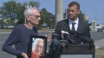 Bill White, whose son Jim was died following an Aug. 18 hit-and-run in Mississauga is joined by Det. Const. Taylor Halfyard, of Peel Regional Police’s major collision bureau, during a Sept. 21 news conference.