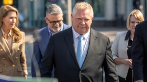 Ontario Premier Doug Ford and other Progressive Conservative Party of Ontario members arrive at press conference in Niagara Falls, Ont., Thursday, Sept. 21, 2023 where he announced that he will be reversing his governmentâ€™s decision to open the Greenbelt to developers. The announcement comes after a second cabinet minister resigned in the wake of the Greenbelt controversy. THE CANADIAN PRESS/Tara Walton