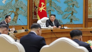 In this photo provided by the North Korean government, North Korea leader Kim Jong Un, center, attends a Politburo meeting in Pyongyang, North Korea Wednesday, Sept. 20, 2023. Independent journalists were not given access to cover the event depicted in this image distributed by the North Korean government. The content of this image is as provided and cannot be independently verified. (Korean Central News Agency/Korea News Service via AP)