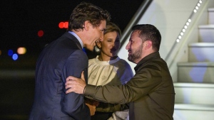 Canadian Prime Minister Justin Trudeau greets Ukrainian President Volodymyr Zelenskyy, as his wife Olena Zelenska looks on, as they arrive at the Ottawa airport for a visit to Canada, on Thursday, Sept. 21, 2023. THE CANADIAN PRESS/Justin Tang