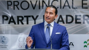 Manitoba NDP Leader Wab Kinew speaks at the Party Leaders Forum – Growing the Economy in Winnipeg Tuesday, September 12, 2023. THE CANADIAN PRESS/John Woods