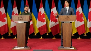 Ukrainian President Volodymyr Zelenskyy, left, and Prime Minister Justin Trudeau speak to the media at a joint press conference on Parliament Hill in Ottawa on Friday, Sept. 22, 2023. THE CANADIAN PRESS/Adrian Wyld