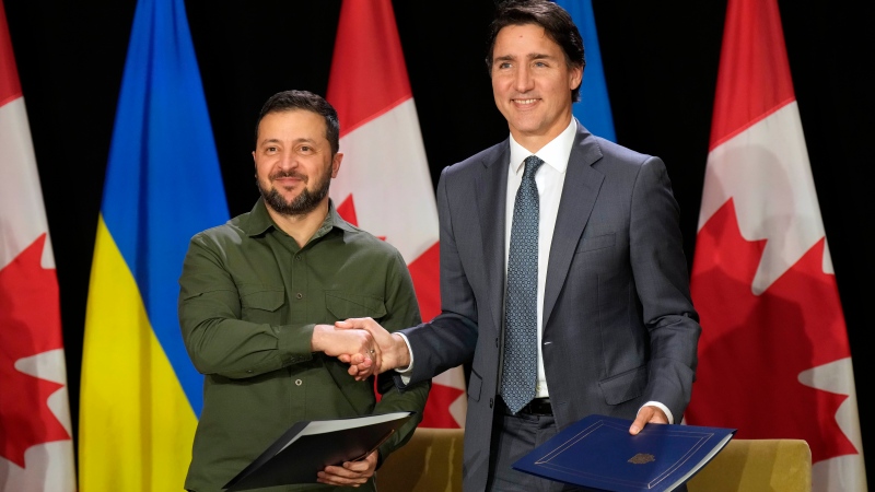 Ukrainian President Volodymyr Zelenskyy, left, and Prime Minister Justin Trudeau shake hands ahead of a joint press conference on Parliament Hill in Ottawa on Friday, Sept. 22, 2023. THE CANADIAN PRESS/Adrian Wyld