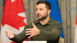 Ukrainian President Volodymyr Zelenskyy speaks ahead of a meeting with business leaders in Toronto, on Friday, Sept. 22, 2023. THE CANADIAN PRESS/Spencer Colby