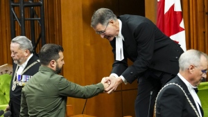 The Speaker of the House of Commons Anthony Rota shakes hands with Ukrainian President Volodymyr Zelenskyy in the House of Commons on Parliament Hill in Ottawa on Friday, Sept. 22, 2023. During Zelenskyy's visit to Ottawa, MPs in the House of Commons honoured 98-year-old Yaroslav Hunka, who fought for the First Ukrainian Division. Hunka was invited by Rota, who introduced him. THE CANADIAN PRESS/Sean Kilpatrick
