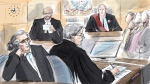 Former Canadian fashion mogul Peter Nygard, the court clerk, Nygard's lawyer Brian Greenspan, Justice Robert Goldstein and jurors are seen in a court illustration made in Toronto, Thursday, Sept. 21, 2023. THE CANADIAN PRESS/Alexandra Newbould
