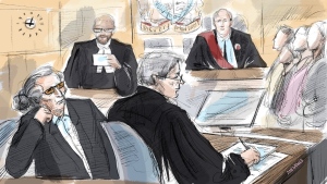 Former Canadian fashion mogul Peter Nygard, the court clerk, Nygard's lawyer Brian Greenspan, Justice Robert Goldstein and jurors are seen in a court illustration made in Toronto, Thursday, Sept. 21, 2023. THE CANADIAN PRESS/Alexandra Newbould
