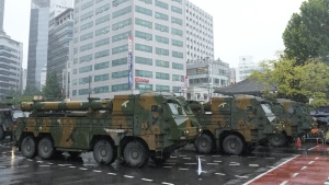South Korea's "Hyunmoo" missiles are carried in a parade during the 75th South Korea Armed Forces Day ceremony in Seoul, South Korea, Tuesday, Sept. 26, 2023. South Korea's president vowed to retaliate immediately against any potential provocations by North Korea in his Armed Forces Day speech Tuesday, as thousands of troops prepared to march through the capital in the country's first such military parade in 10 years. (AP Photo/Ahn Young-joon)
