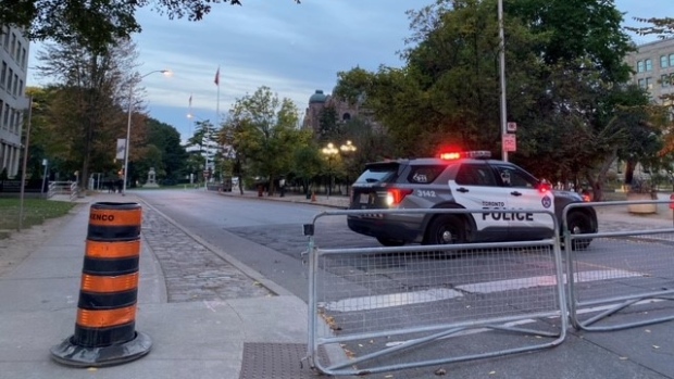 Toronto police have closed off the area around Queen's Park in anticipation of a "potential demonstration" involving a large number of vehicles. (Courtney Heels/ CP24)