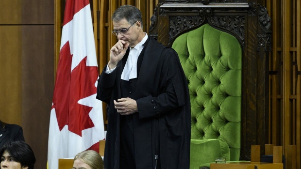 Speaker of the House of Commons Anthony Rota rises in the House of Commons on Parliament Hill in Ottawa, on Monday, Sept. 25, 2023. Prime Minister Justin Trudeau says House of Commons Speaker Anthony Rota will meet with House leaders later today, as reflects on his path forward. THE CANADIAN PRESS/Justin Tang