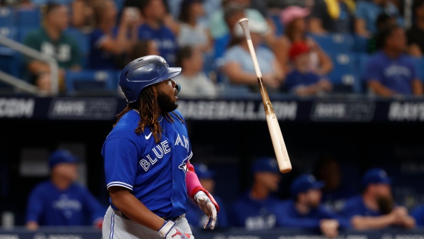 Toronto Blue Jays' Vladimir Guerrero Jr. watches his home run against the Tampa Bay Rays during the ninth inning of a baseball game Sunday, Sept. 24, 2023, in St. Petersburg, Fla. (AP Photo/Scott Audette)