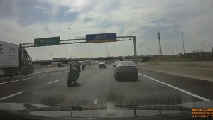Several motorcycles are seen speeding along Highway 400 in this video shared by Ontario Provincial Police on social media.