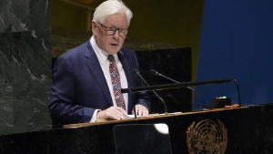 Canada's UN Ambassador Robert Rae addresses the 78th session of the United Nations General Assembly, Tuesday, Sept. 26, 2023, at U.N. headquarters. (AP Photo/Richard Drew)