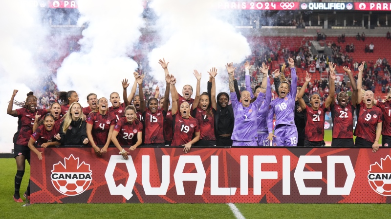 Canada celebrates their win over Jamaica in CONCACAF women's championship soccer series match in Toronto on Tuesday Sept. 26, 2023. THE CANADIAN PRESS/Nathan Denette