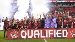 Canada celebrates their win over Jamaica in CONCACAF women's championship soccer series match in Toronto on Tuesday Sept. 26, 2023. THE CANADIAN PRESS/Nathan Denette