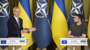 NATO Secretary General Jens Stoltenberg, left, and Ukrainian President Volodymyr Zelenskyy attend their press conference in Kyiv, Ukraine, Thursday, Sept. 28, 2023. (Ukrainian Presidential Press Office via AP)

