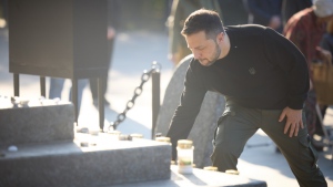 Ukrainian President Volodymyr Zelenskyy participates in a commemoration ceremony for the victims of the 1941 Babyn Yar (Babi Yar) massacre, one of the biggest single massacres of Jews during the Nazi Holocaust, in Kyiv Ukraine September 29, 2023. (Handout/ President of Ukraine Press Office)