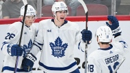 Toronto Maple Leafs' Fraser Minten (39) celebrates with teammates Nick Abruzzese (26) and Noah Gregor (18) after scoring against the Montreal Canadiens during second period NHL preseason hockey action in Montreal, Saturday, Sept. 30, 2023. THE CANADIAN PRESS/Graham Hughes