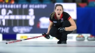 Ontario fourth Rachel Homan calls out to the sweepers while playing Team Wild Card 3 at the Scotties Tournament of Hearts, in Kamloops, B.C., Wednesday, Feb. 22, 2023.  THE CANADIAN PRESS/Darryl Dyck