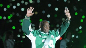 Saskatchewan Roughriders great George Reed addresses the crowd following the last ever game at Mosaic Stadium in Regina on Saturday, Oct. 29, 2016. THE CANADIAN PRESS/Mark Taylor