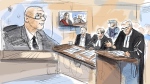 Crown prosecutors are expected to present more evidence today at the Ontario trial of a man accused of killing four members of a Muslim family in an alleged act of terrorism. London police detective Micah Bourdeau, left, is seen speaking on a video monitor as accused Nathaniel Veltman, front centre left, Justice Renee Pomerance (on screen at top centre left), defence lawyers Peter Ketcheson and Christopher Hicks, right, look on in a courtroom sketch, in Windsor, Ont., Tuesday, Sept. 19, 2023. THE CANADIAN PRESS/Alexandra Newbould
