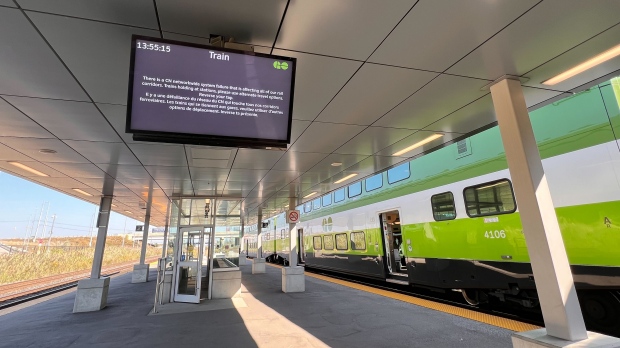 A GO train is shown stopped on a platform during a service outage on Tuesday, Oct. 3. (Bryann Aguilar)