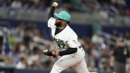 Miami Marlins starting pitcher Johnny Cueto throws during the first inning of a baseball game against the Atlanta Braves, Friday, Sept. 15, 2023, in Miami. (AP Photo/Lynne Sladky)