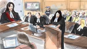 Justice Renee Pomerance, left to right, the accused Nathaniel Veltman, defence lawyer Christopher Hicks, Crown attorney Sarah Shaikh and Crown attorney Jennifer Moser attend court in Veltman's trial in Windsor, Ont., in this Tuesday, Oct. 3, 2023 courtroom sketch. THE CANADIAN PRESS/Alexandra Newbould
