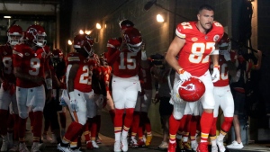 Kansas City Chiefs tight end Travis Kelce (87) runs out of the tunnel during an NFL football game against the New York Jets, Saturday, Oct. 1, 2023 in East Rutherford, N.J. Chiefs won 23-20. (AP Photo/Vera Nieuwenhuis)