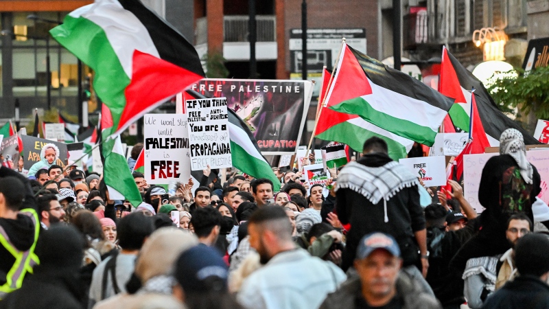 People take part in a protest in support of Palestine in Montreal, Friday, October 13, 2023. THE CANADIAN PRESS/Graham Hughes