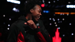 Toronto Raptors forward Scottie Barnes is seen during the pregame ceremony before preseason NBA basketball action against the Washington Wizards in Toronto on Friday October 20, 2023. THE CANADIAN PRESS/Chris Young