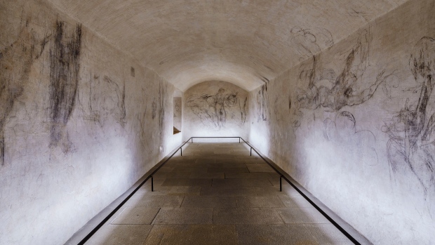 Delicate charcoal drawings that some experts have attributed to Michelangelo are seen on the walls of a room used to store coal until 1955 inside Florence's Medici Chapel, in central Italy, Tuesday, Oct. 31, 2023. The long-hidden 10-meters by 3-meters space was discovered in 1975 sparkling a fierce debate over Michelangelos' attribution. Officials decided to open the room to the public on a limited basis to protect the works. Starting Nov. 15, up to 100 visitors will be granted access each week by reservation, four at a time, spending a maximum of 15 minutes inside the space. (Francesco Fanfani via AP, HO)