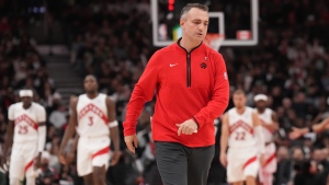 Toronto Raptors head coach Darko Rajaković call a timeout during first half NBA basketball action against the Portland Trail Blazers in Toronto on Monday Oct. 30, 2023. THE CANADIAN PRESS/Nathan Denette