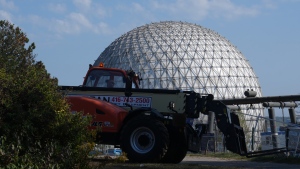 Construction equipment is seen in front of the cinesphere at Ontario Place in Toronto, Wednesday, Oct. 4, 2023. THE CANADIAN PRESS/Chris Young