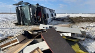 Several people have been injured in a bus rollover near Wolseley. (Gareth Dillistone / CTV News) 