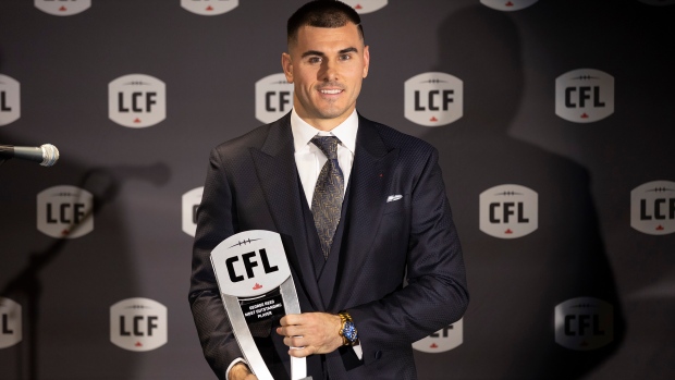 Toronto Argonauts' Chad Kelly with his award for Most Outstanding Player at the 2023 Canadian Football League (CFL) Awards in Niagara Falls, Ont. Thursday, November 16, 2023. Players and league personnel are being honoured ahead of 110th Grey Cup that takes place in Hamilton, Ont. between Winnipeg and Montreal on Sunday, November 19. THE CANADIAN PRESS/Tara Walton