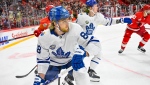 Toronto's William Nylander in action during the NHL Global Series Sweden ice hockey match between Toronto Maple Leafs and Detroit Red Wings and at Avicii Arena in Stockholm, Sweden, Friday Nov. 17, 2023. (Henrik Montgomery/TT News Agency via AP)
