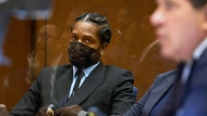 Rakim Mayers, aka A$AP Rocky, sits during a preliminary hearing in the Clara Shortridge Foltz Criminal Justice Center in Los Angeles, Monday, Nov. 20, 2023. (Allison Dinner/Pool Photo via AP)