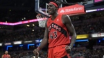 Toronto Raptors forward Pascal Siakam reacts after a making a basket during the second half of the team's NBA basketball game against the Indiana Pacers on Wednesday, Nov. 22, 2023, in Indianapolis. (AP Photo/Marc Lebryk)