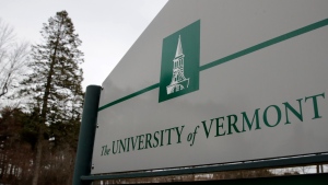 FILE - A sign on the University of Vermont campus in Burlington, Vt., is pictured on March 11, 2020. Police say three young men of Palestinian descent who were attending a Thanksgiving holiday gathering were shot and injured near the University of Vermont campus. Police are searching for the suspect after the three were shot late Saturday, Nov. 25, 2023, in Burlington. (AP Photo/Charles Krupa, File)