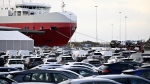 A ship is moored at the port of Malmo as port workers are blocking the loading of vehicles from Tesla, in Malmo, Sweden, Tuesday Nov. 7, 2023.  (Johan Nilsson/TT News Agency via AP, File)