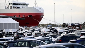 A ship is moored at the port of Malmo as port workers are blocking the loading of vehicles from Tesla, in Malmo, Sweden, Tuesday Nov. 7, 2023.  (Johan Nilsson/TT News Agency via AP, File)