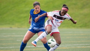 Latifah Abdu, right, is shown in action against Jenna Leslie on Oct. 9, 2017, at the Toyota National Championships U-15 Cup in Fredericton. THE CANADIAN PRESS/HO-Canada Soccer-Rob Blanchard
