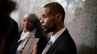 Kecalf Franklin, 53, the youngest son of Aretha Franklin, speaks to members of the press after a jury decided in favor of a 2014 document during a trial over his mother's wills at Oakland County Probate Court in Pontiac, Mich., on Tuesday, July 11, 2023. The Queen of Soul died in 2018 at age 76. (Sarahbeth Maney/Detroit Free Press via AP)
