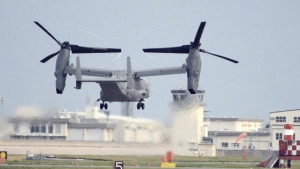 A U.S. military CV-22 Osprey takes off from Iwakuni base, Yamaguchi prefecture, western Japan, on July 4, 2018. A U.S. military Osprey aircraft carrying eight people crashed Wednesday, Nov. 29, 2023 into the sea off southern Japan, and the Japanese coast guard is heading to the site for search and rescue operations, officials said. (Kyodo News via AP)
