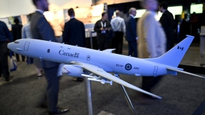 Federal ministers expected to announce sole-source deal for Boeing patrol plane today. A scale model of the Boeing P-8 Poseidon is seen at the CANSEC trade show in Ottawa, on Thursday, June 1, 2023.THE CANADIAN PRESS/Justin Tang