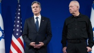 Israeli Defence Minister Yoav Gallant, right, and US Secretary of State Antony Blinken speak to reporters prior to a meeting in Tel Aviv, Israel, Thursday, Nov. 30, 2023. Blinken told Israeli leaders on November 30 that a temporary truce in their war with Hamas was "producing results" and should continue. (Saul Loeb/Pool Photo via AP)