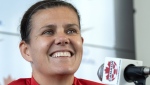 Canada’s national women’s soccer team captain Christine Sinclair speaks to the media for the first time since announcing her retirement, on Thursday, Oct. 26, 2023 in Montreal. As the clock counts down on Sinclair's international career, her teammates and coach say their intensely private captain is trying to make the best of being squarely in the spotlight.THE CANADIAN PRESS/Ryan Remiorz