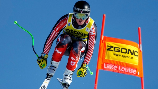 Broderick Thompson, of Canada, skis down the hill during practice runs for the FIS Alpine Skiing World Cup, in Lake Louise, Alta., Thursday, Nov. 24, 2022. Thompson is in hospital with head injuries after falling during training ahead of this weekend’s World Cup races in Beaver Creek, Col. THE CANADIAN PRESS/Frank Gunn